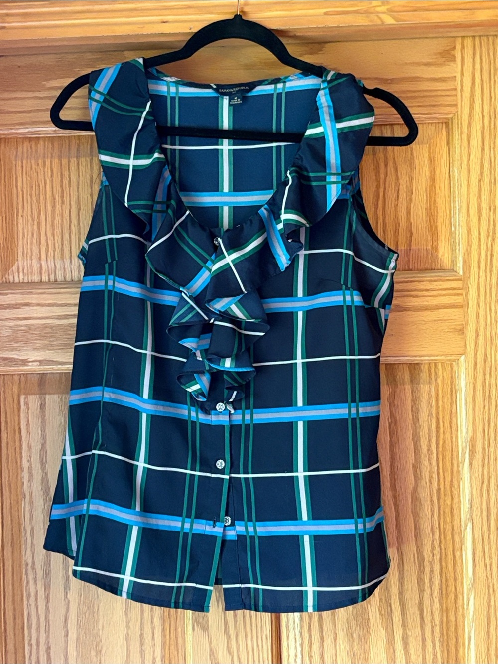 Banana Republic Navy Plaid Ruffle Button-Front Sleeveless Top